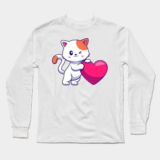 Adorable kitty holding a heart Long Sleeve T-Shirt